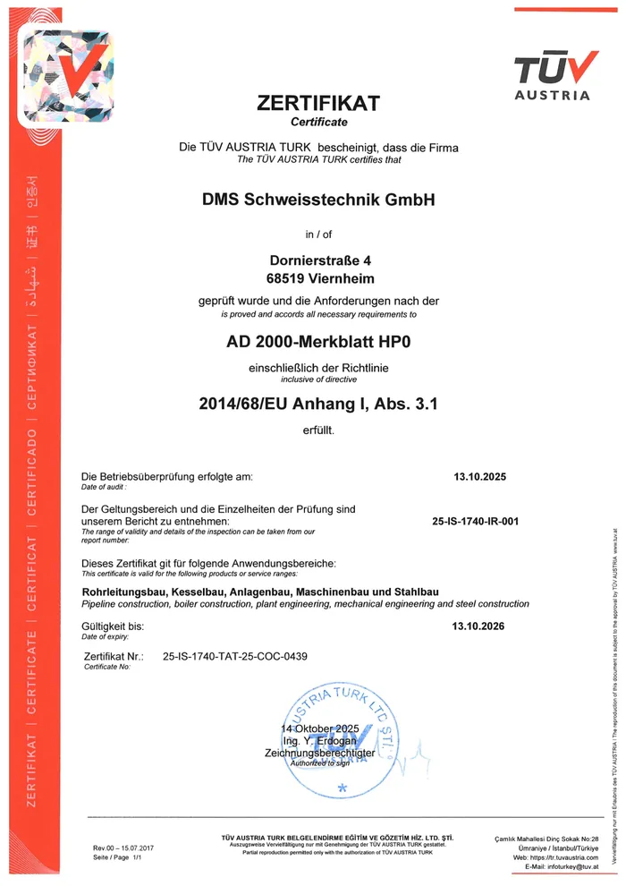 Zertifikat AD 2000-Merkblatt HP0 der DMS Schweisstechnik GmbH, ausgestellt von TÜV Austria Turk