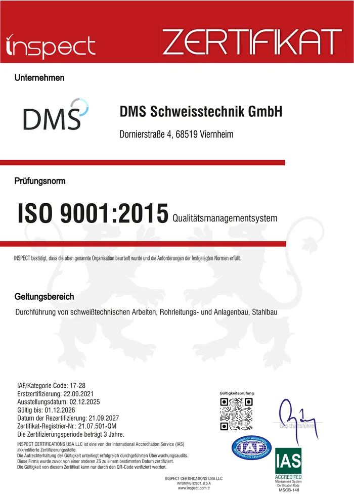 Zertifikat ISO 9001:2015 der DMS Schweisstechnik GmbH
