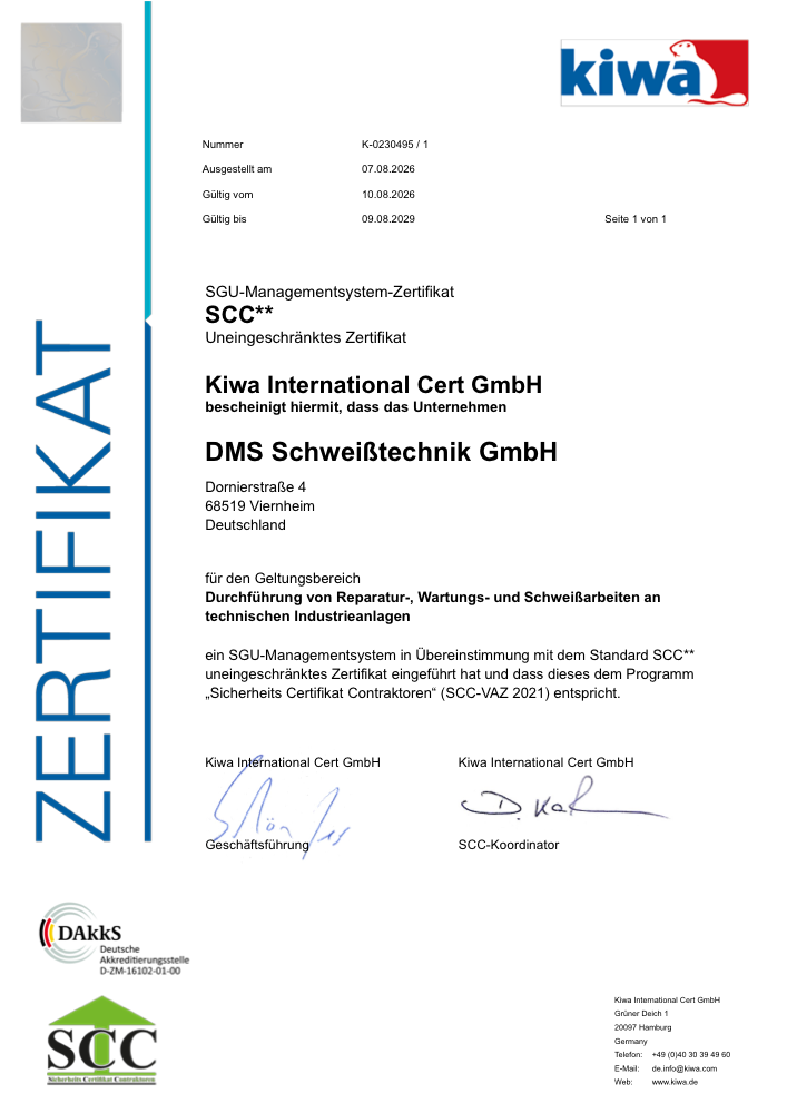 SCC** Zertifikat der DMS Schweisstechnik GmbH