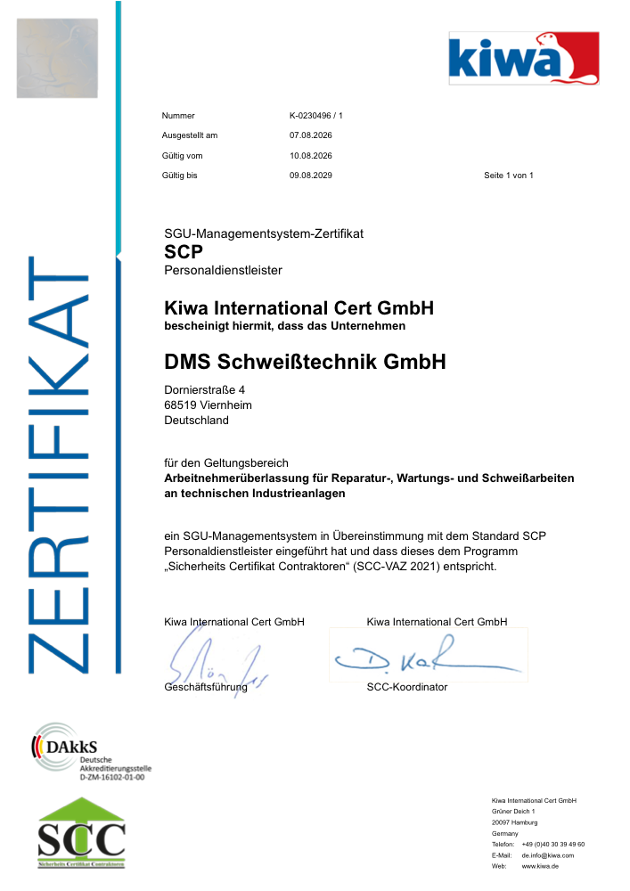 SCP Zertifikat Personaldienstleister der DMS Schweisstechnik GmbH